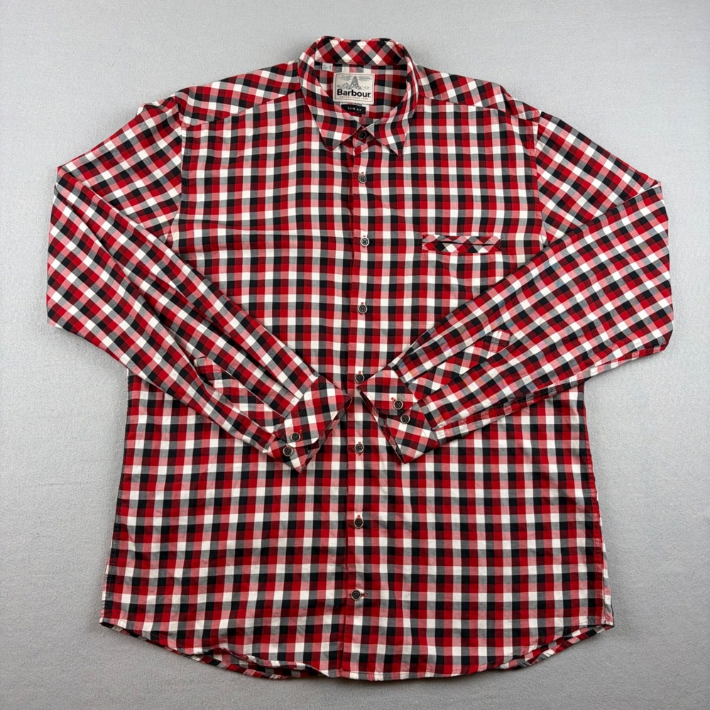 Barbour Mens Large Slim Fit Red Check Long Sleeve Button Shirt Cotton